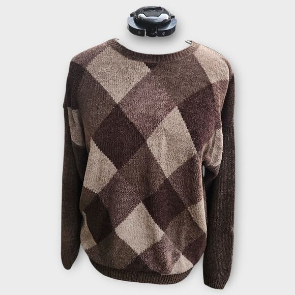 Knightsbridge Sweater Men's L Brown Argyle Preppy Grandpa Cosby Style Crew VTG - Picture 1 of 5